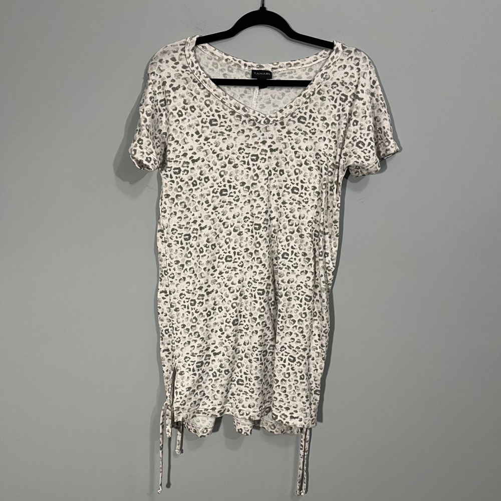 Tahari Womens Grey Leopard Print Sleepwear V-Neck Nightgown Side Ties Size Small